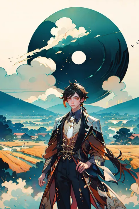 best quality,masterpiece,absurbres,super-resolution,1boys,Zhongli \(genshin impact\),((long hair, black hair)),yellow eyes,calm,brown suit,white shirt,black pants,necktie,<lora:Zhongli_Hard:1>,Alps,nature,mountain,day,cloud,Cute Ukiyo-e,<lora:a1:1>,