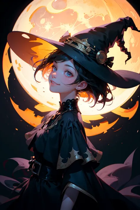 (masterpiece, best quality, ultra detailed), delicate pattern, detailed background, fisheye lens, from above ,
1girl, turn one's face away, looking away,
pumpkin head, Jack-o'-Lantern, witch hat, 
evil smile,
night, moon, dark tone, cinematic lighting,