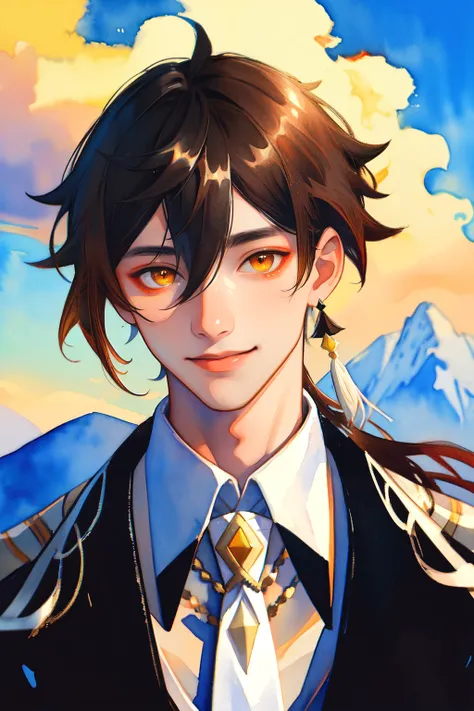 portrait,best quality,masterpiece,absurbres,super-resolution,1boys,Zhongli \(genshin impact\),smile,((long hair, multicolored hair, gradient hair, brown hair, hair between eyes,black hair)),yellow eyes,brown suit,tassel earrings,white shirt,black pants,necktie,<lora:Zhongli_Hard:1>,Alps,nature,mountain,day,cloud,<lora:Colorful:0.6>,watercolor art,