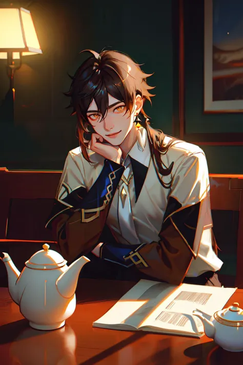 best quality,masterpiece,absurbres,super-resolution,1boys,Zhongli \(genshin impact\),smile,((long hair, multicolored hair, gradient hair, brown hair, hair between eyes,black hair)),yellow eyes,brown suit,tassel earrings,white shirt,black pants,necktie,<lora:Zhongli_Hard:1>,indoor,cafe,sits,there is a teapot on the table,mugs,art by greg rutkowski and artgerm,soft cinematic light,adobe lightroom,photolab,hdr,intricate,highly detailed,(depth of field:1.4),