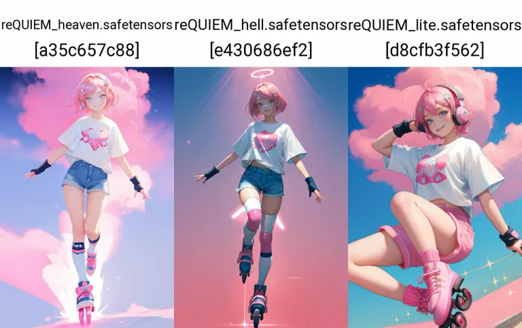 (best quality,masterpiece,absurbres,super-resolution:1.1),kawaii,1girl,short bob square,happy smile,big headphones,pink hair,blue eyes,white t-shirt with a pattern,strawberry_print,short pink shorts,elbow pads,fingerless gloves,knee pads,bright roller skates,sparkle effect,dynamic pose,(park:1.1),day,altostratus_translucidus,in summer,hairclip,star_hair_ornament,