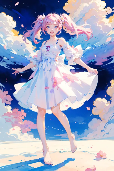 ((best quality, masterpiece, absurbres, super-resolution)) watercolor, full body, solo, beautiful face, pink and long hair, hair ornament, white dress, bow, twintails, open mouth, smile, bare shoulders, movement, without shoes, flowers, petals, colorful, gorgeous clouds