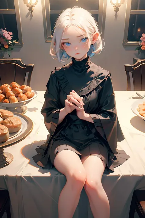 (masterpiece, best quality), female young adult, solid, european, blue eyes, cupped ears, narrow nose, unique chin, symmetrical forehead, cleft chin, __bo/chars/haircolor__ fringe haircut hair, boredom wearing __Bo/clothings/nsfw/female-attire__, sitting pose with legs spread, sitting with legs slightly spread, showcasing confidence and allure, romantic, a combination of soft lighting, warm tones, and gentle shadows to enhance the romantic atmosphere, a family dinner gathering, with a beautifully set table and heartfelt conversations