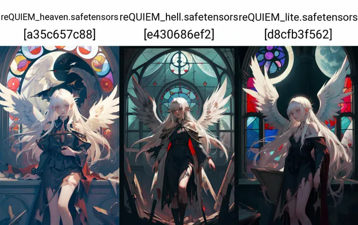 (best quality,masterpiece,absurbres,super-resolution:1.1),church,body horror,dark atmosphere,moonbeams,stained glass windows,a girl lies in the moonlight,an angel,torn wings,blood,very long white hair,a pool of blood,torn clothes,toga,