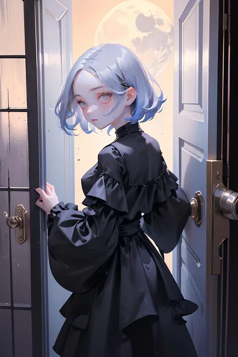 (masterpiece, best quality), female young adult, dainty, indigenous peoples of the america, gray eyes, flat nose, unique jaw, chiseled cheeks, rounded forehead, gothic makeup , __bo/chars/haircolor__ layered haircut hair, relief wearing __Bo/clothings/nsfw/female-attire__, peeking from behind a door, peering from behind a slightly ajar door, creating an air of secrecy and allure, moonlight, soft, cool light from the moon, evoking a mysterious and ethereal atmosphere, a cheerful café, with the aroma of freshly brewed coffee and friendly conversation
