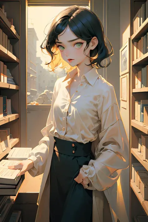 (masterpiece, best quality), female adult, lanky, south asian, dark green eyes, square chin, tongue, __bo/chars/haircolor__ wavy haircut hair, puzzlement wearing __Bo/clothings/nsfw/female-attire__, partially unbuttoned shirt, wearing a partially unbuttoned shirt, revealing a hint of skin and adding a touch of seduction, soft lighting, gentle, diffused light that wraps the characters in a warm and dreamy glow, a lively bookstore, with cozy reading nooks and book lovers browsing the shelves