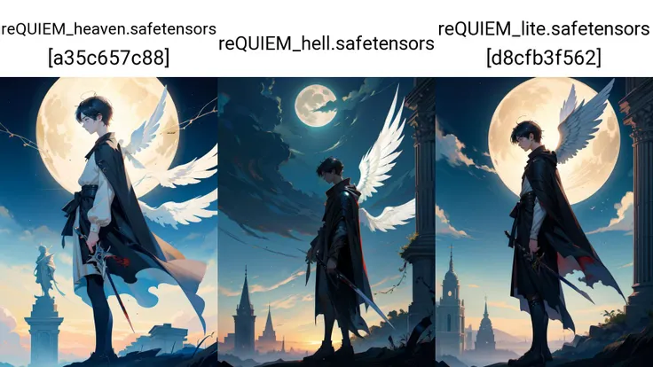 (masterpiece, best quality, hires, high resolution:1.2),1boy,weapon,solo,standing,male focus,tree,short hair,cloud,pillar,angel,architecture,cloak,robe,sky,long sleeves,vines,wings,wide shot,scenery,black hair,surreal,sun,moon,holding,sword,traditional media,blood,halo,angel wings,profile,ambiguous gender,from side,holding weapon,outdoors,multiple boys,plant,building,statue,horror theme,