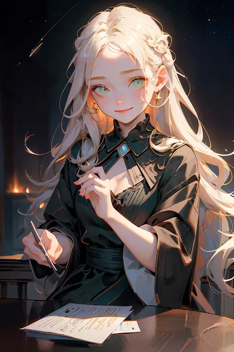 (masterpiece, best quality), female fifty-something, hourglass, gypsies, dark green eyes, unusual nose, receding chin with cleft, defined cheeks, angular forehead, oval face shape, delicate nails, , __bo/chars/haircolor__ french braid hair, awe wearing __Bo/clothings/nsfw/female-attire__, playing with jewelry, playing with jewelry with a flirtatious smile, adding a touch of glamour and allure, starry sky, a dark background with twinkling stars, setting a magical and romantic tone, a friendly neighborhood café, with cozy seating, friendly staff, and the aroma of freshly brewed coffee