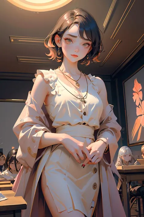 (masterpiece, best quality), female middle-aged, broad-shouldered, polynesian, chestnut eyes, button nose, defined cheeks, glamorous evening makeup , __bo/chars/haircolor__ undercut hair, grief wearing __Bo/clothings/nsfw/female-attire__, playing with necklace, playing with a necklace with a seductive glance, adding an element of elegance and allure, colored lighting, soft pastel or deep, rich hues infusing the scene with a unique and sensual ambiance, a cheerful school classroom, with students working together and a passionate teacher