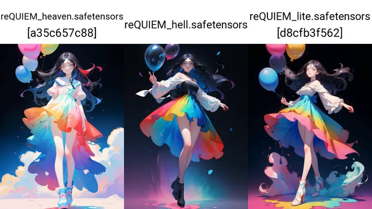 detailed,(masterpiece, best quality:1.1),1girl,full-body,black hair,long hair,blue eyes,freckles,eyelashes,seductive smile,Abstract watercolor painting,rainbow colors:1,colorful background,colorful hair,long hair,colorful dress,balloon,abstract watercolor painting of cartoon clouds with emoji,rainbow colors,Gradient,blue and pink tone colors,dynamic pose,