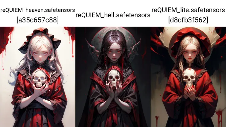 detailed,(masterpiece, best quality:1.1),<lora:add_detail:0.7>,1girl,horror painting,young woman cradling a skull surrounded by endless blood red velvet blankets,horror theme,