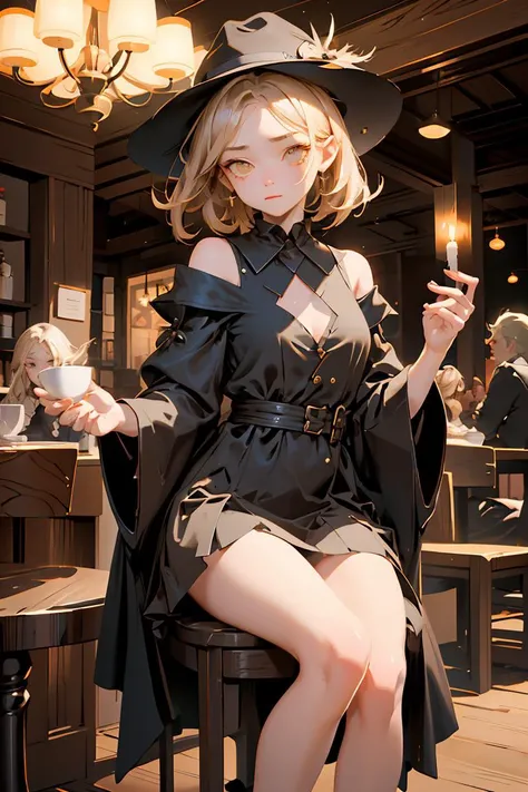 (masterpiece, best quality), female youth, broad, african, light brown eyes, v-shaped chin, asymmetrical cheeks, unusual face shape, sculpted calves, , __bo/chars/haircolor__ feathered haircut hair, envy wearing __Bo/clothings/nsfw/female-attire__, wearing a hat, wearing a hat with a seductive look, adding a touch of mystery and allure, candlelight, flickering, intimate glow that casts dancing shadows on the characters faces, a friendly neighborhood café, with cozy seating, friendly staff, and the aroma of freshly brewed coffee