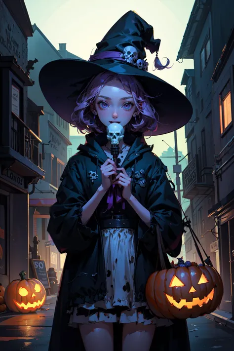 ((best quality, masterpiece, absurbres, super-resolution)) (Neon Green and Purple) 1girl, halloween, Smokes, Fogs, Spooky Street, Trick or treats, lots of candy, skulls, boo, ghost, spirits