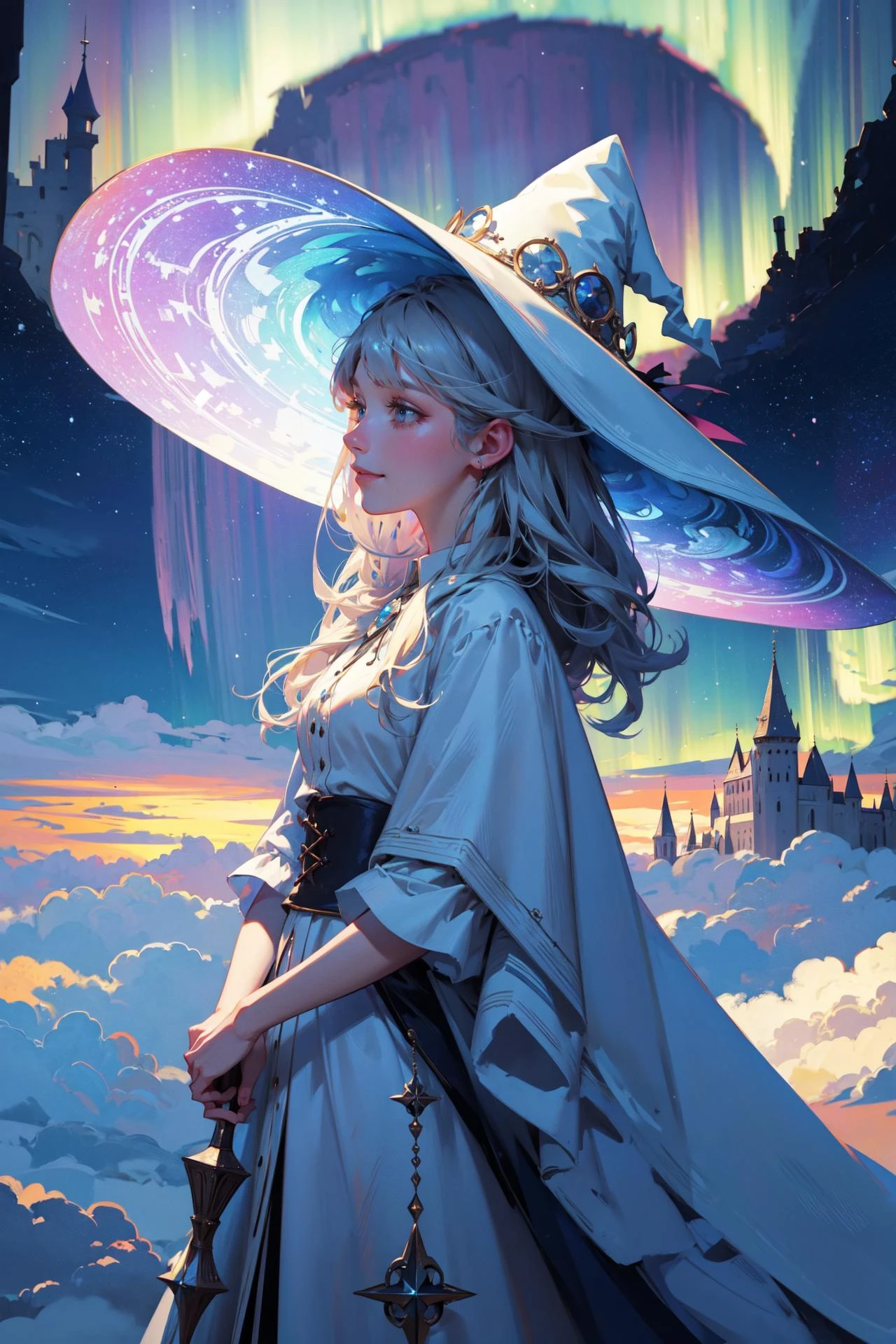 ((best quality, masterpiece, absurbres, super-resolution)), 1girl, white witch, witch hat, detailed scenery, fluffy clouds, aurora, Castle in the sky