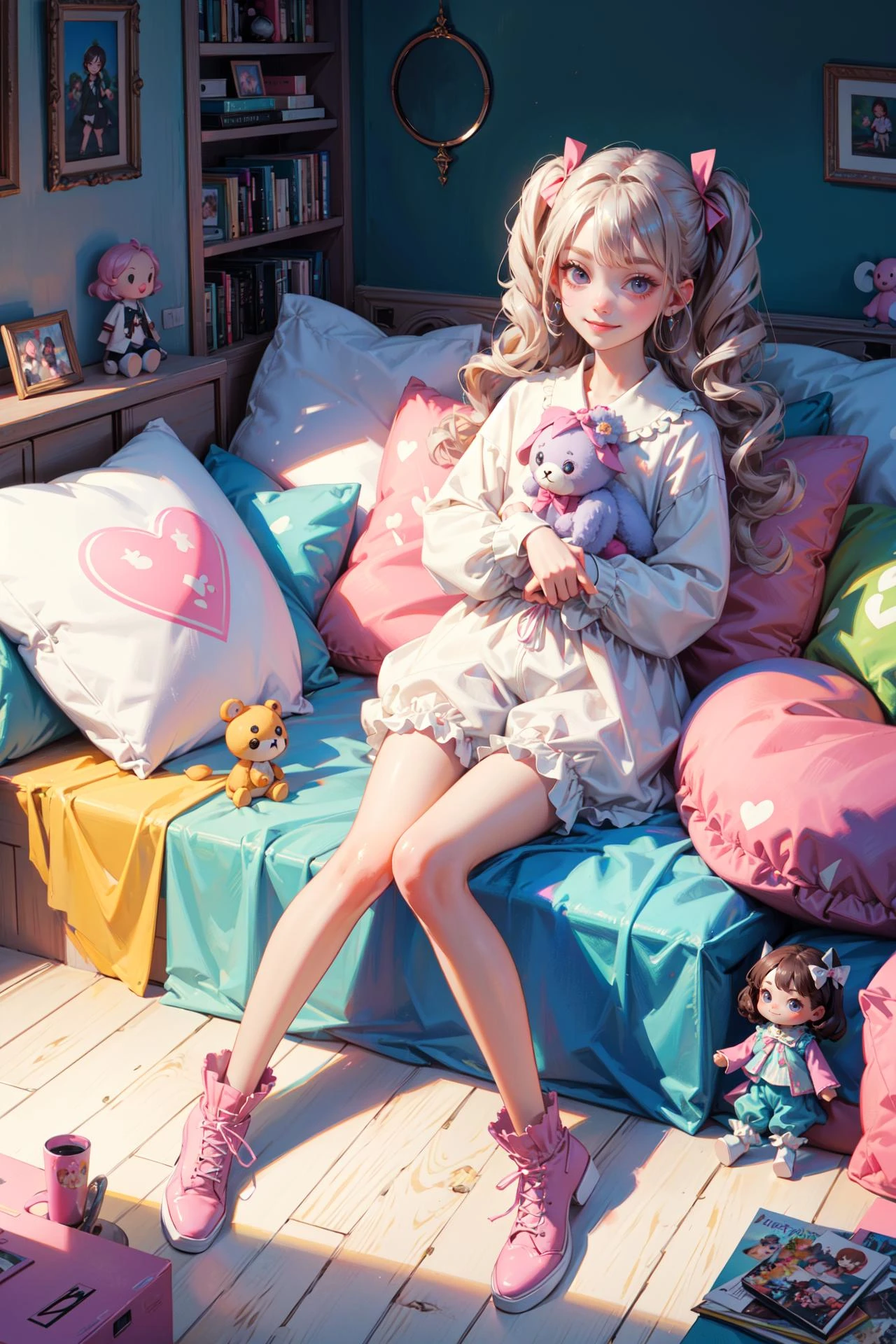 ((best quality, masterpiece, absurbres, super-resolution)) 1girl, bedroom, cushions, cute girl, kawaii, kawaiicore, smiling, doll house, pastel colors, toys, stuffed animal, bloomers