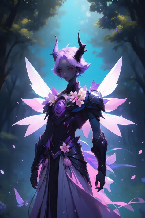 ((best quality)),(ultra high res),absurdres,high detailed,cherry blossom,flower,tree,masterpiece,
solo,fairy,mystical creature,black eyes,(((large pastel purple wings))),full growth,not human,black pupils,arms to the sides,body of purple flowers,(purple-lilac themes:1.5),perspective,(detail:1.3),(mystical creature:1.5),ultra high quality,(flower body:1.6),lush flower chest,miniature body shape,wings,snail horns,(lilac body),blue trees,blue willow behind,backlight,neon,
Ultron Style,Ultron Girl,Female warrior,<lora:1679044536039866773:1>,