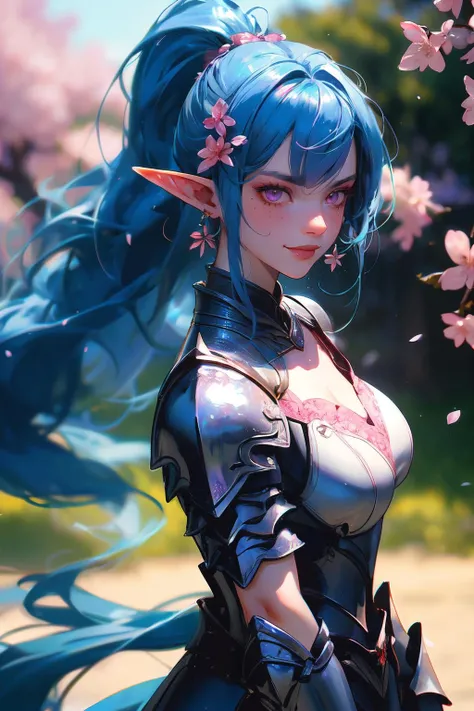 cinematic film still, (((best quality)),(ultra high res),absurdres,high detailed,
cherry blossom,flower,tree,masterpiece,1girl,high ponytail,blue hair,streaked hair,bangs,very long hair,pink eyes,mole_under_eye,elf ears,makeup,disdain,smile,armor,lavenderblush,big breasts,Ultron Style,Ultron Girl,Female warrior,diadem,earrings,<lora:1679044536039866773:1>,cherry_blossoms,fighting_stance,:1.1), shallow depth of field, vignette, highly detailed, high budget, bokeh, cinemascope, moody, epic, gorgeous, film grain, grainy