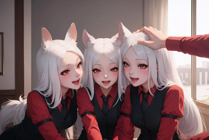 masterpiece, best quality, IncrsHeadpatPOV, headpat, pov, <lora:HeadpatPOVV2:1>, htcerberus, waistcoat, red shirt, black necktie, arm garter, black vest, <lora:Char_Helltaker_Cerberus:0.9>, 3girls, multiple girls, happy, smile, blush, open mouth, white hair, animal ears