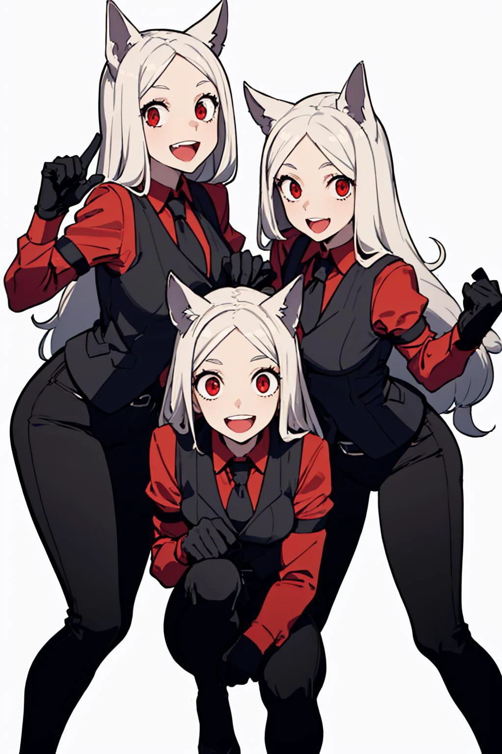 (masterpiece, best quality:1.2), 3girls, htcerberus, :d, looking at viewer, waistcoat, red shirt, black necktie, arm garter, black vest, black gloves, black pants <lora:helltaker_cerberus:1>