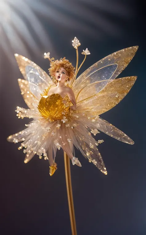 crstal17-8000 photorealistic surreal oil painting, a beautiful  silver-toned fairy on a black-toned dandelion seed head, (streamers of gold smoke:1.21), very detailed, intricate AND beautiful gold-toned fairy