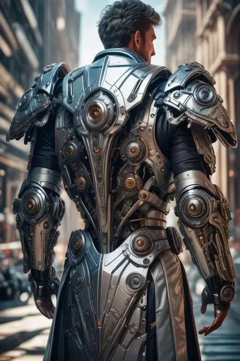 a profestional picutre of 1man, priest mech4rmor, mechanical arms, single mechanical arm, mechanical parts,<lora:Clothing - Mechanical Armor:0.7> , Tinkerer's Ingenuity: Behavior: The character's hands work quickly, assembling or repairing intricate mechanisms. Their movements are agile and dexterous, reflecting their mastery over technology and their ability to improvise solutions.,, camera angle from behind and portrait, blend photorealism 2 2 : fashion shadows photographic unreal 5 daz. rpg ,extremely detailed artgerm greg rutkowski greg,((ultrasharp)),((masterpiece)),((best quality)),((ultradetailed)),((intricated details)), ultradetailed character, detailed face, intricated face details, <lyco:GoodHands-beta2:1.0> , extremaly detailed background, perfectly detailed face <lora:add_detail:0.8>
