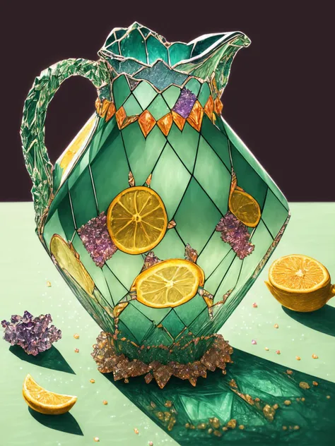 illustrative Post-Impressionism drawing, a crstal17-8000 simple coloured line drawing of a pale-green-tinted jug on a table with sliced lemons, very detailed, intricate, crisp lines