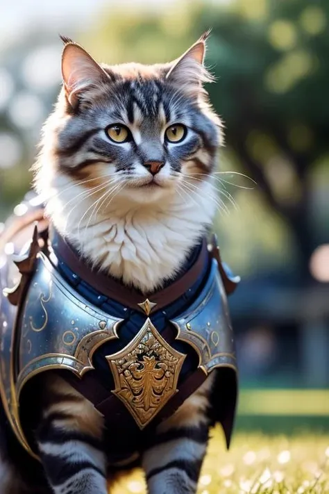 super cute fluffy cat warrior in armor, photorealistic, 4K, ultra detailed, vray rendering, unreal engine, mysterious,. (film grain, blurry background, blurry foreground, bokeh, depth of field, motion blur, realistic:1.3) , ((masterpiece, best quality)), art by greg rutkowski