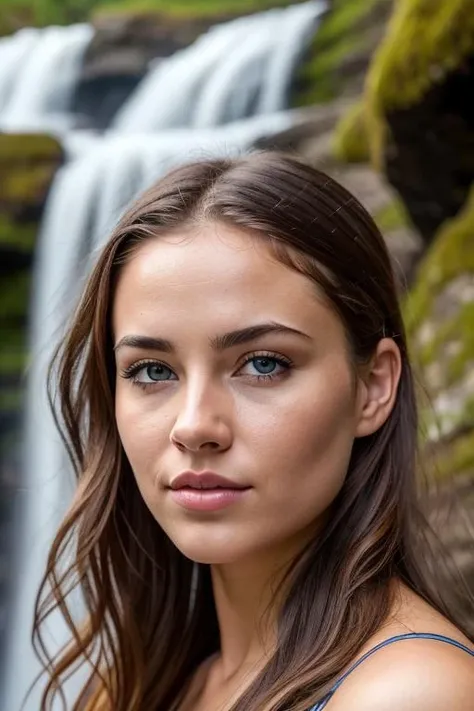 cinematic, nordic woman, incredible nordic nature scene, waterfall background, detailed facial features, realistic skin, natural features, Phantom High Speed Camera,