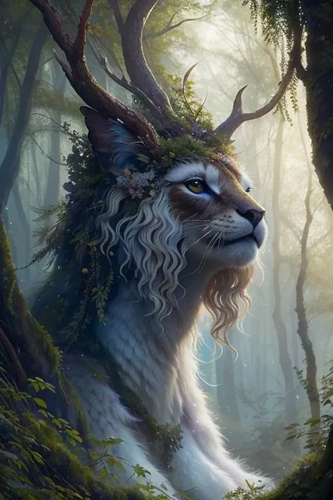 Produce a mesmerizing and magical fantasy creature, a wispy forest spirit, blending seamlessly with the foliage, its ethereal form evoking a sense of wonder and mysticism (film grain, realistic:1.3) , ((masterpiece, best quality)), art by greg rutkowski, OverallDetail