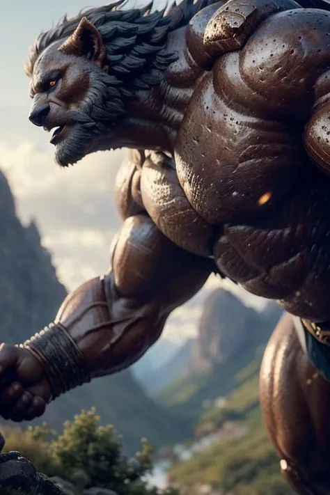 Craft an epic and legendary fantasy creature, a titan of the mountains, with rugged stone skin, wielding a colossal hammer that echoes through the valleys (film grain, blurry background, blurry foreground, bokeh, depth of field, motion blur, realistic:1.3) , ((masterpiece, best quality)), art by greg rutkowski, OverallDetail