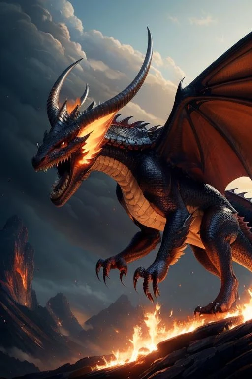 masterpiece, best quality, greg rutkowski, fire, no humans, open mouth, wings, dragon, sharp teeth, teeth, tail, solo, breathing fire, horns, monster, claws, smoke , very detailed, high resolution, sharp, sharp image, 4k, 8k,
