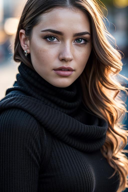 A close up of a woman with long hair wearing a black turtle neck ...