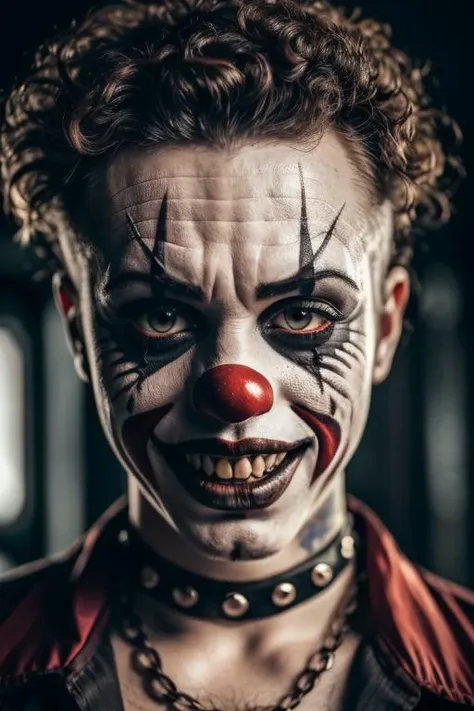 (Highest Quality, 4k, masterpiece, Amazing Details:1.1), standing, post apocalypitic background at dawn, wearing wear out gothic clothes, Shallow Depth of Field, E671, lens 50mm f/2.0, ((male_horror_clown)), pircings, tatoos, red glowing snake eyes, (realistic scales, detailed scales texture:1.2),studded bracelet, ((photorealistic) (RAW Photo)), (on the last day on eath), angry, evil smile, ((gothic))