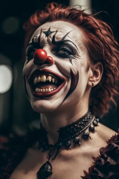 (Highest Quality, 4k, masterpiece, Amazing Details:1.1), standing, post apocalypitic background at dawn, wearing wear out gothic clothes, Shallow Depth of Field, E671, lens 50mm f/2.0, ((male_horror_clown)), pircings, tatoos, red glowing snake eyes, (realistic scales, detailed scales texture:1.2),studded bracelet, ((photorealistic) (RAW Photo)), (on the last day on eath), angry, evil smile, ((gothic))