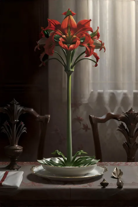 <lora:surrealplate:0.6> plate with a Amaryllis on it, masterpiece, 8k, high resolution, shallow depth of field, sharp focus