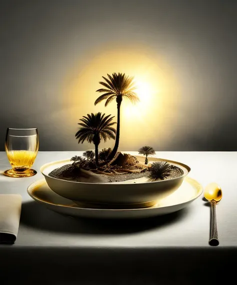 <lora:surrealPlateLora_v10:1> A plate with desert island in sunlight, sun hanging above it, fine dining, grey background, masterpiece, 8k