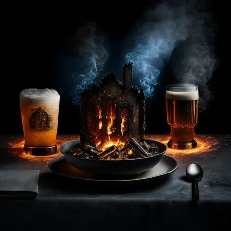 (<lora:surrealPlateLora_v10:1> A plate with burned ruin of house, glowing embers and smoke), 1 frosty pint of beer on the side, knife and fork, ((opaque background)), masterpiece, 8k