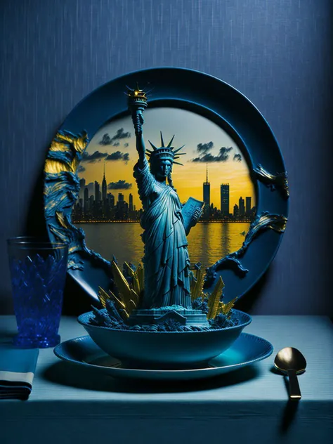 <lora:surrealPlateLora_v10:1> a plate with statue of liberty, sunset, new york city skyline, blue gold and white