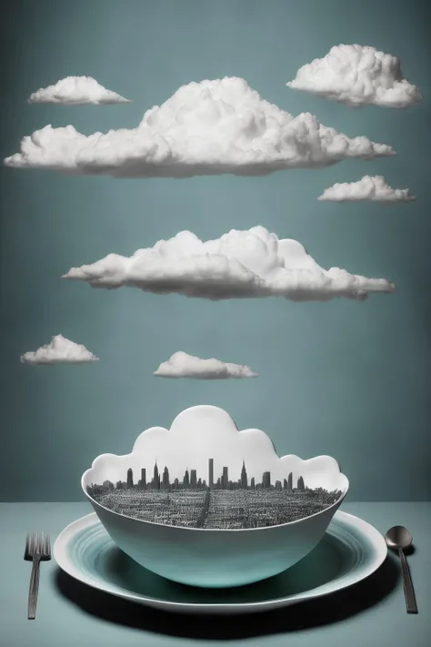<lora:Surreal Plate:1>Surreal Plate - a plate with a city scape and a cloud