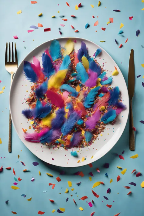 <lora:Surreal Plate:1>Surreal Plate - a plate with floating feathers and a cascade of colorful confetti