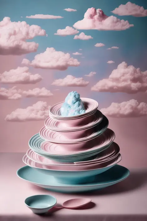 <lora:Surreal Plate:1>Surreal Plate - a plate with a stairway spiraling upwards, leading to a sky filled with cotton candy clouds