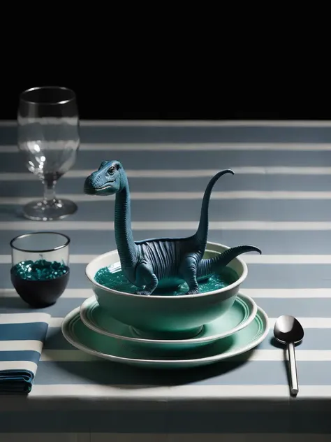 <lora:Plate:1>a plate with a dinosaur of water on a table