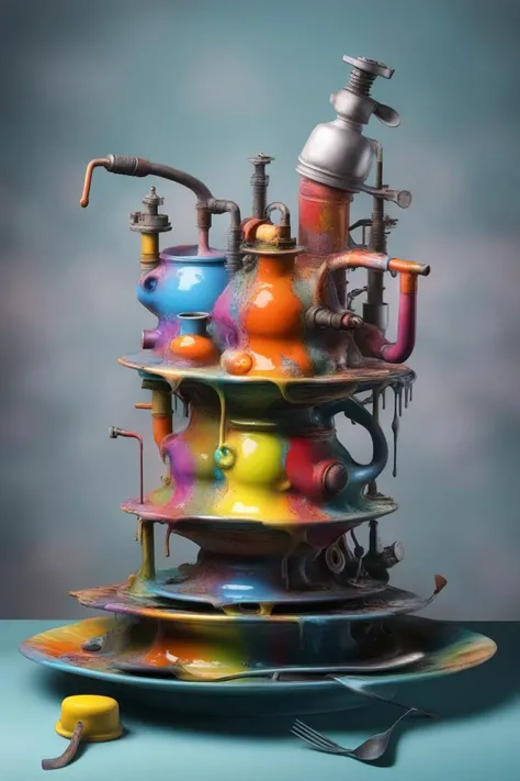 <lora:Surreal Plate:1> Surreal plate, ((a plate with)) a colorful oil pump, cluttered environment