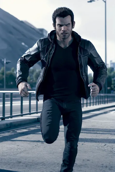 (RAW photo), <lora:GavinReed - Ace:0.7>, gavinreed, (angry:1.2), jacket, black shirt, jeans, running, 1boy, solo, outdoors