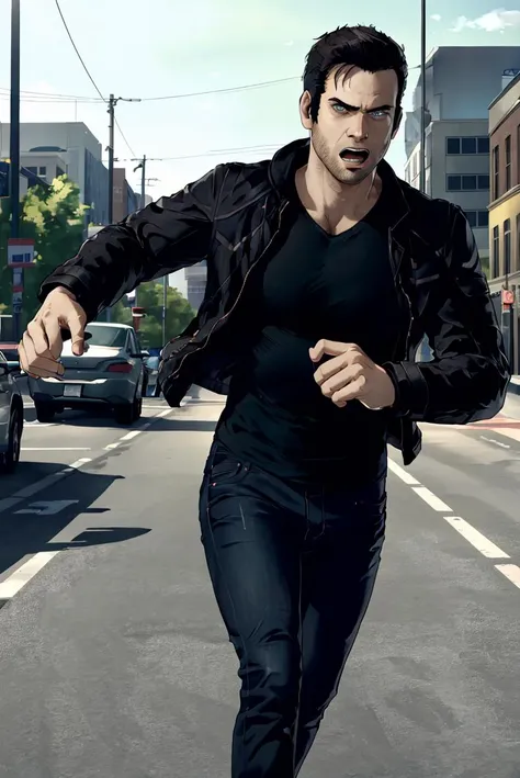 (RAW photo), <lora:GavinReed - Ace:0.7>, gavinreed, angry, jacket, black shirt, jeans, running, 1boy, solo, outdoors, street, yelling