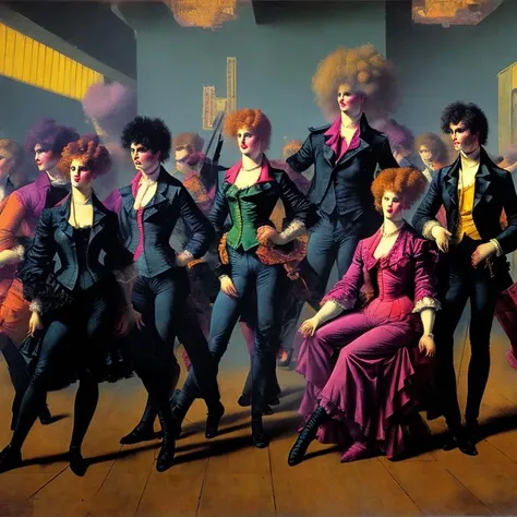 painting of a crowd scene at a [1980s | 1880s] [punk rock | Victorian] [dance club | music hall], wild hair, wild clothes, [leather jackets | formal wear], a crowd of men and women , party, drinking,  dramatic lighting, in the style of {Toulouse-Lautrec | Boldini | Manet], <lora:kEighties:1>,  <lora:burlesque_dress-1.0:1>, masterpiece, 8k,