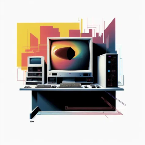 <lora:kEighties_pruned:1> Eighties quantum supercomputer poster, white background,
