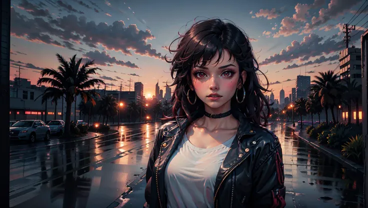 masterpiece, best quality,  <lora:kEighties_pruned:1> Eighties, sunset, cityscape, palm tree,  <lora:Nevin:0.75>  solo. 1girl, nevin, black hair, red eyes, makeup,