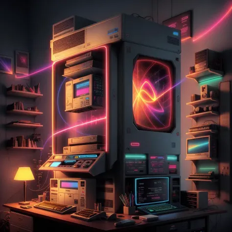 <lora:kEighties_pruned:1> Eighties quantum supercomputer poster