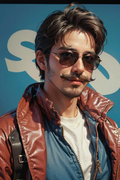 1guy, male, man, smile, Eighties, poster,mustache, sunglasses